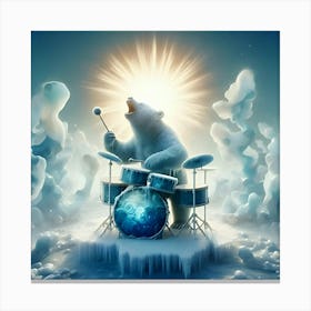 A Booming Bear Playing A Drum Set Made Of Ice, Inspired By The Organic And Biomorphic Forms Of Jean Arp, With A Frozen Blue And White Palette, Where The Drum Set Is In Focus And The Surrounding Landscape 3 Canvas Print