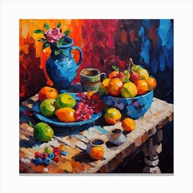 Still Life with Fruit, Pots and Blue Vase Canvas Print