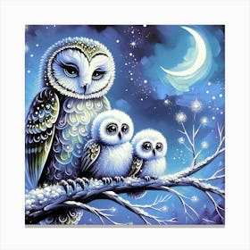 Whimsical Owl and Baby Owls on Branch Deco Style Canvas Print