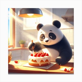 a panda bear baking a cake in a sunny kitchen, digital art Canvas Print