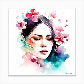 Beautiful Vientnamese Girl With Flower Decoration As A Colorful Water Painting Portrait Canvas Print