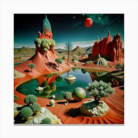 A surreal and imaginative landscape with red sand, and strange trees. Canvas Print