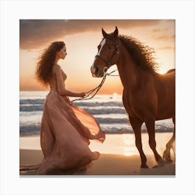 Beautiful Woman And Horse On The Beach Canvas Print