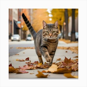 Cat Walking In Autumn Leaves 2 Canvas Print