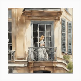 Girl On Balcony Watercolor Painting Canvas Print