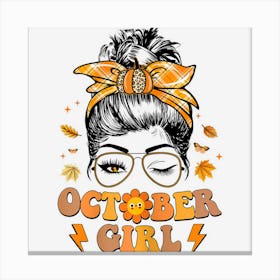 Womens Retro Groovy October Girl Messy Bun Fall Thankful Mama Canvas Print