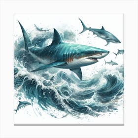 Sea Shark In Motion, Sea Shark Watercolour Art Print 4 Canvas Print