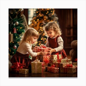 Two Girls Playing With Christmas Presents Canvas Print