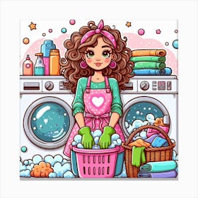 Cartoon Girl Washing Clothes 1 Canvas Print