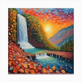 Waterfall In Autumn, Dusk at the Oasis: Vibrant Landscape Art with Waterfall and Autumn Leaves Canvas Print