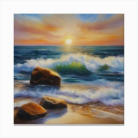 The sea. Beach waves. Beach sand and rocks. Sunset over the sea. Oil on canvas artwork.8 Canvas Print