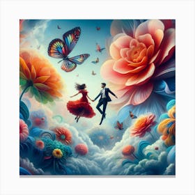 Couple Flying In The Clouds Canvas Print