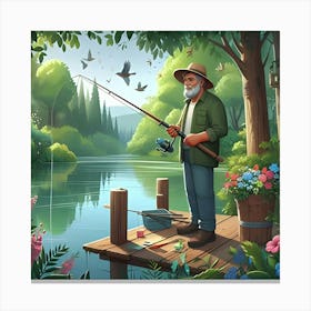 An Image Of A Man Fishing In A River With A Beautiful Landscape Canvas Print