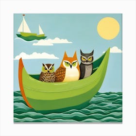 Three Owls In A Pea Green Boat Canvas Print