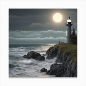 Lighthouse At Night Landscape 1 Canvas Print