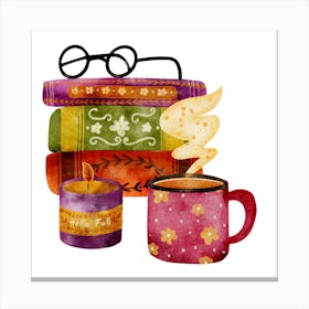 Tea cozy illustration with books and candle Canvas Print