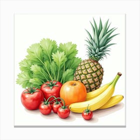 Watercolor Scene Of Fresh Veggies And Fruits In An Appealing, Artistic Arrangement 1 Canvas Print