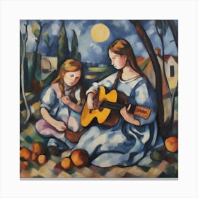 Girls Play Guittar Moonlight Canvas Print