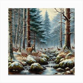 Deer In The Snow Woods, Acrylic Painting Style Canvas Print