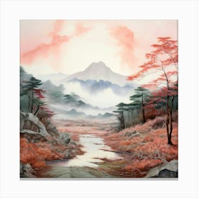 Watercolour Fuji Shibazakura In Japan Shades Of Blush Pink Pale Blue And Mint Green Canvas Print