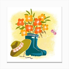 Yellow And Orange Flowers In Gardening Boots Square Canvas Print