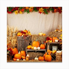 Autumn Harvest Scene Arranged Rustic Style Brimming With Seasonal Abundance Pumpkins Nestled Amon (6) Canvas Print