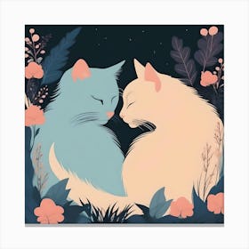 Silhouettes Of Cats In The Garden At Night, Blue And Peach Canvas Print