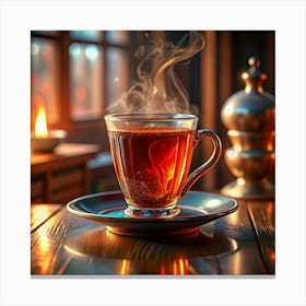 Cup Of Tea With Steam In Cozy Atmosphere Canvas Print