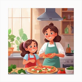 Mother And Daughter Making Pizza In The Kitchen Canvas Print