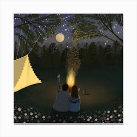 A Couple With Camping Fire Square Canvas Print