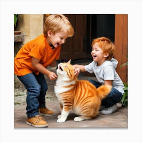 The Kid And The Orange Fluffy Cat Start Laughing 173376388 Canvas Print