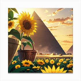 Sunflowers In Front Of Pyramids Canvas Print