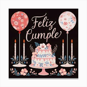 Feliz cumple and Feliz cumpleaños sign means Happy Birthday in Spanish language, Birthday party celebration gift with birthday cake candle colorful balloons best congratulation over light background wall artFeliz Cumple 15 Canvas Print