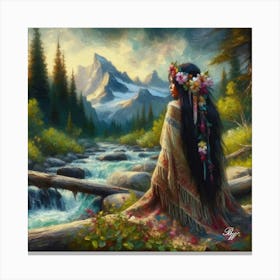 Oil Texture Native American Woman By Stream 7 Canvas Print