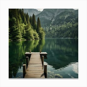 A Serene Lakeside Scene With Crystal Clear Water Reflecting The Lush Green Trees And Surrounding Mountains Canvas Print