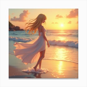 Anime Girl Walking On The Beach Canvas Print