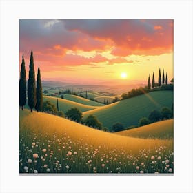 Romantic Watercolor Sunset Over The Italian Countryside With Rolling Hills 1 Canvas Print