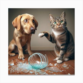 Cat And Dog Playing With Broken Glass Canvas Print