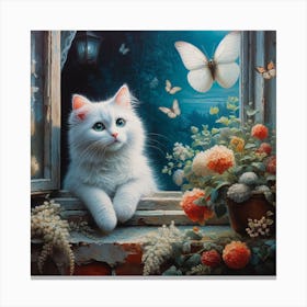 White Cat In The Window Canvas Print