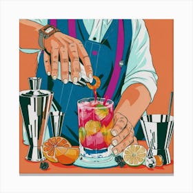 An art print portraying a close-up of a skilled mixologist crafting a vibrant and enticing cocktail, surrounded by colorful ingredients and glassware. This lively and visually captivating art print is perfect for cocktail enthusiasts and those who appreciate the artistry of mixology, bringing a touch of sophistication to home decor. Canvas Print