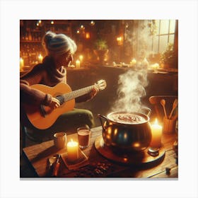 Old Woman Playing Guitar In The Kitchen Canvas Print