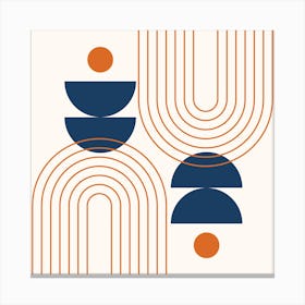 Modern Mid Century Sun, Moon Phases and Rainbow Abstract 17 in Navy Blue and Burnt Orange Canvas Print