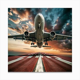 With dramatic clouds, a large airplane takes off from a runway at sunset. Canvas Print