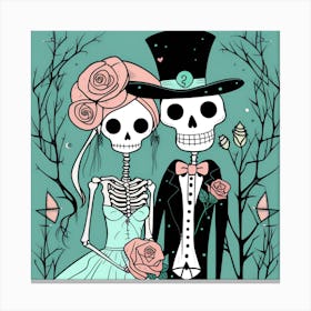 Day Of The Dead Wedding seafoam green and salmon colors whimsical minimalistic line art Canvas Print