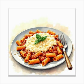 Watercolor Scene Of A Rich And Creamy Baked Ziti On A Stylish Kitchen Table Canvas Print