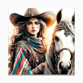 Mexican Beauty Wear Poncho And Hat By A White Horse Creative Color Painting Canvas Print