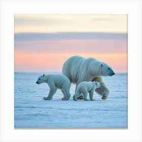 Polar Bear And Cub Walking Across Ice Fields 1 Canvas Print