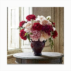 Vase Cradling A Blend Of Blooming Roses And Peonies Petals Unfurling With Elegance Soft Sunlight F Canvas Print