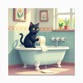 Bathroom Black Cat Toilet Paper Print Funny Art Print (4) Canvas Print