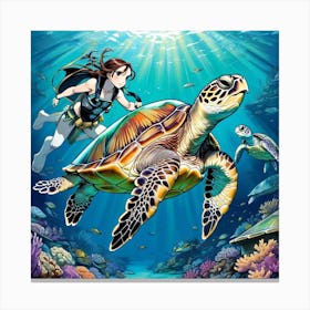 Scuba Diving With A Turtle Canvas Print